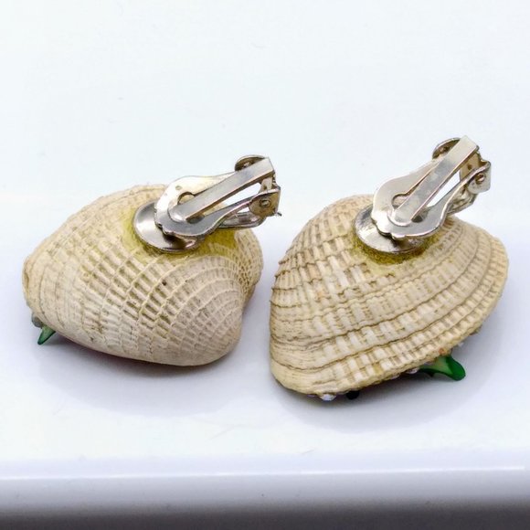 Vintage Genuine Seashell Earrings, Mid Century Romantic Rose and AB Crystal - Picture 5 of 5
